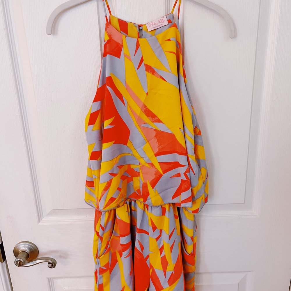 Pink lily tropical print romper